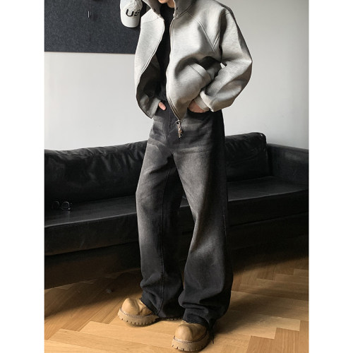 PLTH*美式复古高街vibe复古做旧水洗牛仔裤垂感宽松直筒阔腿长裤