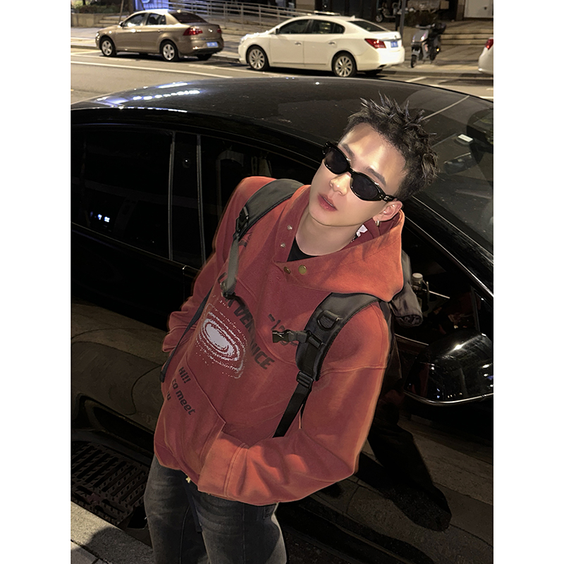 PLTH*美式复古潮牌字母印花连帽防风卫衣春秋男oversize情侣上衣