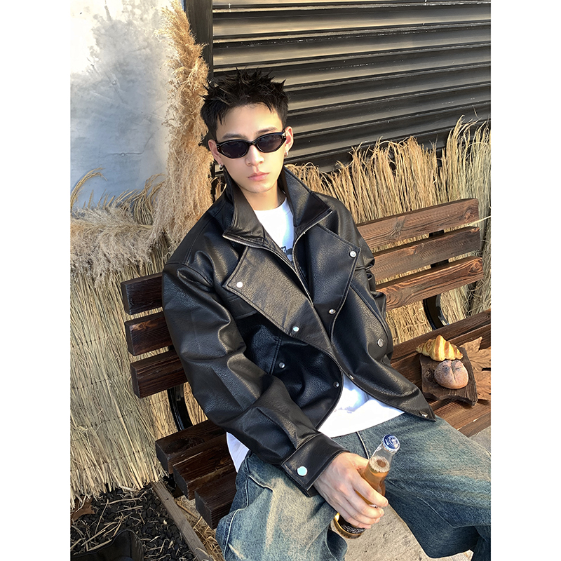 PLTH*美式翻领荔枝纹皮夹克排扣拉链高级感廓形短款垫肩外套男潮