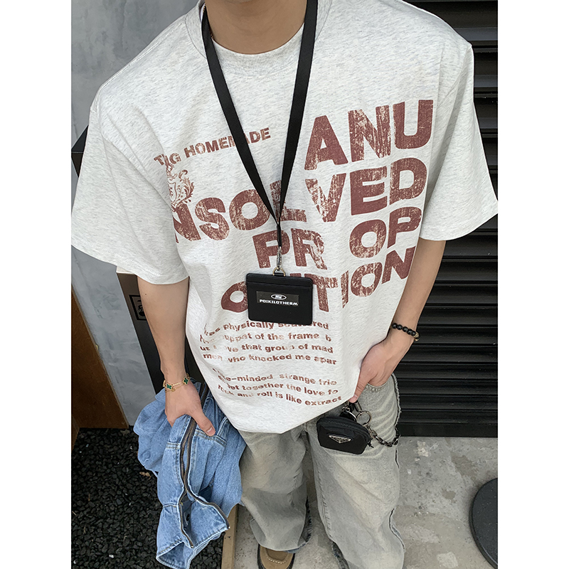 PLTH*美式复古重磅做旧字母印花短袖男宽松街头圆领百搭休闲T恤潮