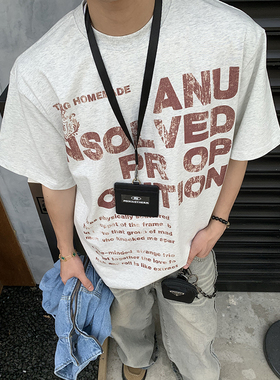 PLTH*美式复古重磅做旧字母印花短袖男宽松街头圆领百搭休闲T恤潮