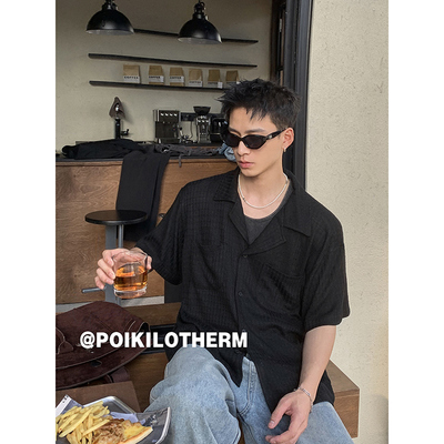 PLTH*美式复古翻领肌理感老钱风短袖衬衫男宽松休闲百搭痞帅衬衣