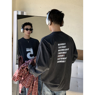 T恤男春季 数字印花落肩圆领纯棉长袖 宽松慵懒风内搭上衣 美式 PLTH