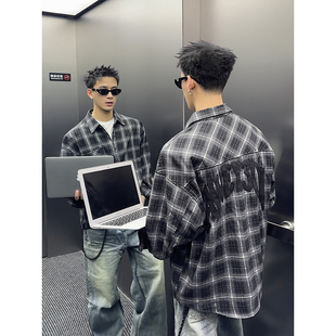 PLTH*经典格子长袖后背贴布设计师款式重磅磨毛宽松百搭男女衬衫