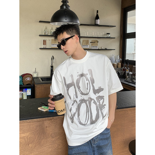 PLTH*美式街头涂鸦字母温感变色印花短袖男宽松圆领重磅T恤上衣潮