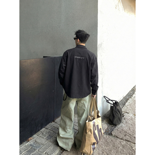 春季 男背后刺绣宽松翻领工装 美式 衬衫 上衣潮牌 复古条纹长袖 PLTH