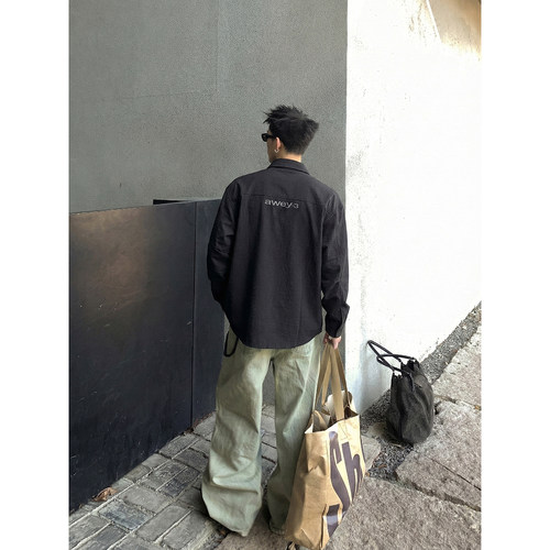 PLTH*春季美式复古条纹长袖衬衫男背后刺绣宽松翻领工装上衣潮牌