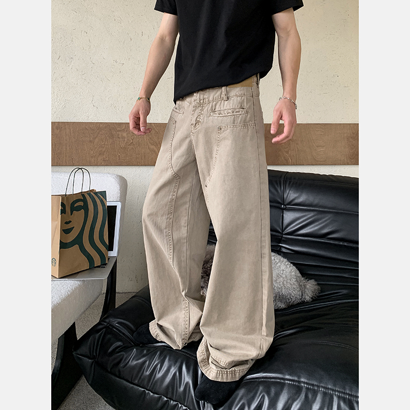 PLTH*美式复古解构卡其色设计感cleanfit小众伐木直筒工装牛仔裤