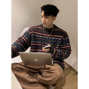 慵懒风宽松羊毛针织衫 复古撞色条纹圆领毛衣秋冬新款 男 美式 PLTH