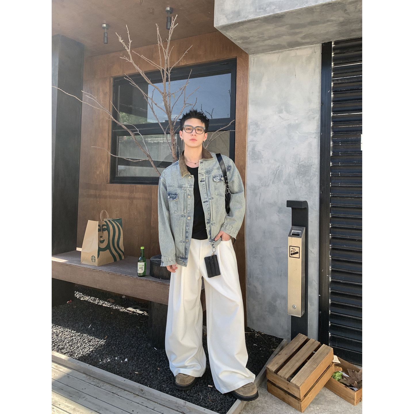 PLTH*美式复古做旧水洗牛仔外套男灯芯绒撞色翻领多口袋工装夹克