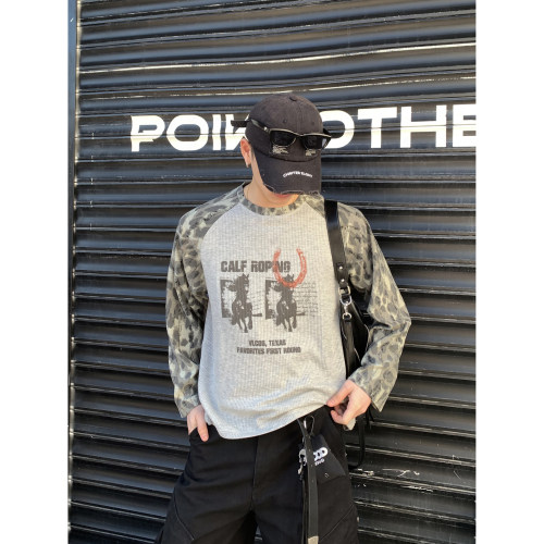 PLTH*美式复古豹纹插肩长袖T恤男西部牛仔印花华夫格宽松打底衫潮