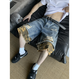 PLTH*美式高街复古水洗拼接破洞迷彩七分牛仔裤男夏季直筒阔腿裤
