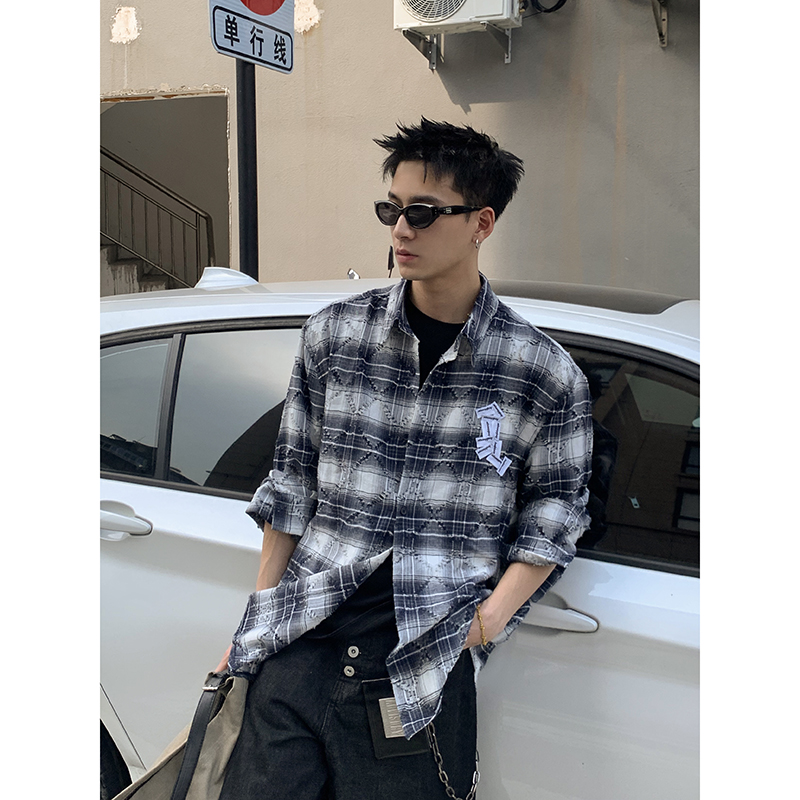 PLTH*美式复古撞色贴布破坏菱格衬衫男2025秋季慵懒宽松长袖衬衣