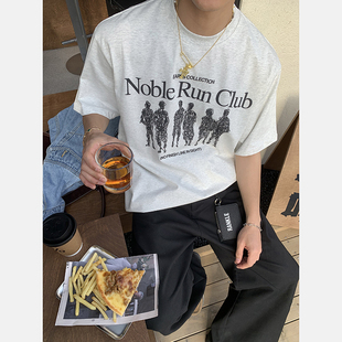 男夏季 复古水洗人像字母印花短袖 圆领重磅宽松休闲T恤潮 美式 PLTH