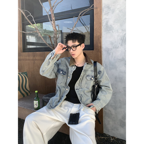 PLTH*美式复古做旧水洗牛仔外套男灯芯绒撞色翻领多口袋工装夹克