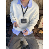 PLTH 慵懒风松弛感格雷系灰色V领毛衣男圈圈纱套头休闲针织衫 上衣