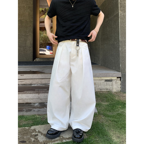 PLTH*cleanfit白色打褶阔腿裤男女夏季宽松直筒垂感百搭休闲长裤