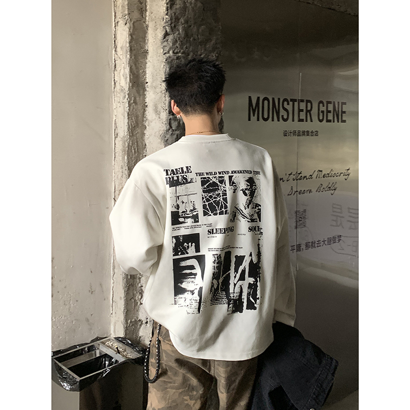 PLTH*美式复古个性脏洗重磅圆领长袖T恤涂鸦hiphop小衫宽松上衣男