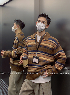 PLTH*秋冬韩版休闲百搭V领学院风条纹撞色翻领针织衫羊毛毛衣男女