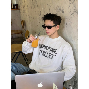 设计感上衣潮 街头假两件亮线刺绣字母T恤男宽松拼接长袖 PLTH 美式