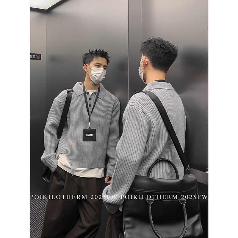 PLTH秋冬高级感翻领POLO毛衣男开叉破坏加厚慵懒风套头短款针织衫