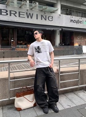 PLTH*小众做旧人像印花短袖宽松百搭男女同款短款高街潮牌夏季T恤