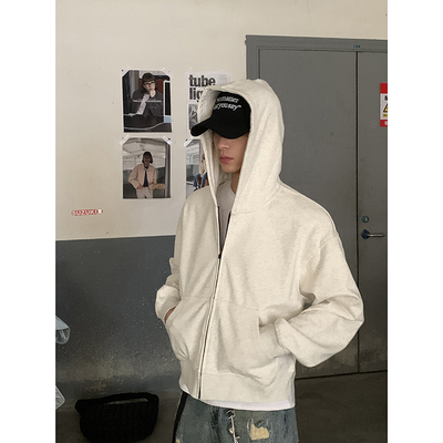 PLTH*美式复古cleanfit纯色重磅外套男秋冬短款拉链开衫连帽卫衣