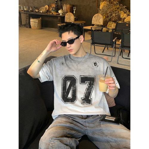 PLTH*美式复古水洗渐变做旧数字07印花短袖男宽松高街潮牌半袖T恤