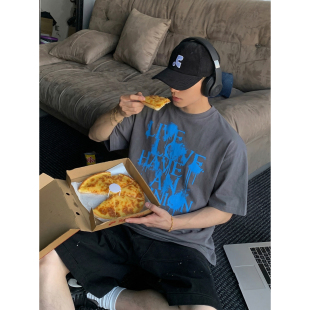 T恤男宽松高街情侣半袖 PLTH 复古做旧涂鸦印花短袖 美式 上衣潮 夏季