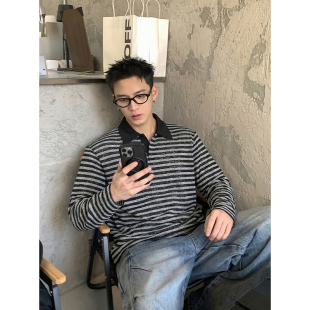 T恤男春季 复古条纹Polo领长袖 宽松休闲cityboy情侣上衣 美式 PLTH