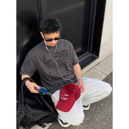 PLTH*美式复古做旧水洗刺绣T恤男夏季高街宽松落肩做旧印花短袖潮