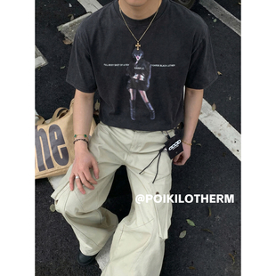 PLTH*夏季美式复古街头辣妹人像印花T恤男宽松落肩百搭圆领短袖潮