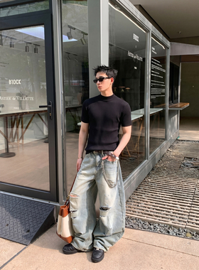 PLTH*夏季韩系半高领坑条针织短袖男士修身百搭显瘦黑色打底衫潮