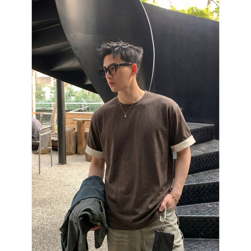 PLTH*美式复古撞色边短袖小众简约风宽松纯色百搭夏季潮牌T恤男潮