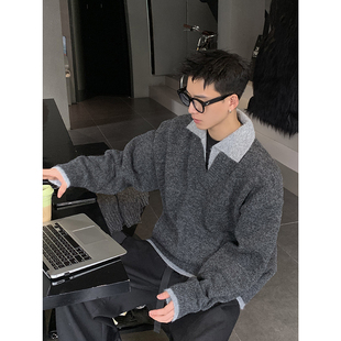 PLTH*冬季韩系复古加厚假两件polo领针织衫宽松保暖休闲男女毛衣