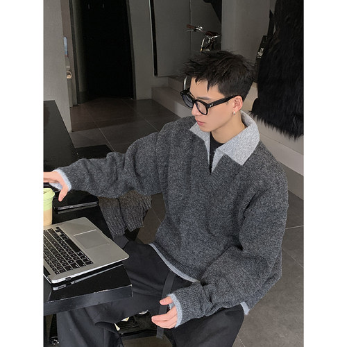 PLTH*冬季韩系复古加厚假两件polo领针织衫宽松保暖休闲男女毛衣