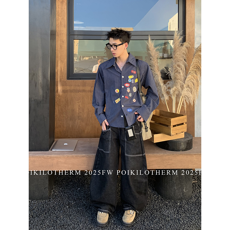 PLTH*美式复古深蓝格子贴纸印花长袖衬衫潮秋季宽松百搭薄衬衣男