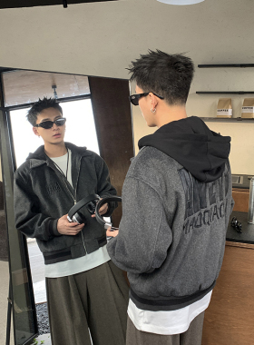PLTH*美式复古毛绒感刺绣假两件连帽夹克男女情侣款宽松百搭外套