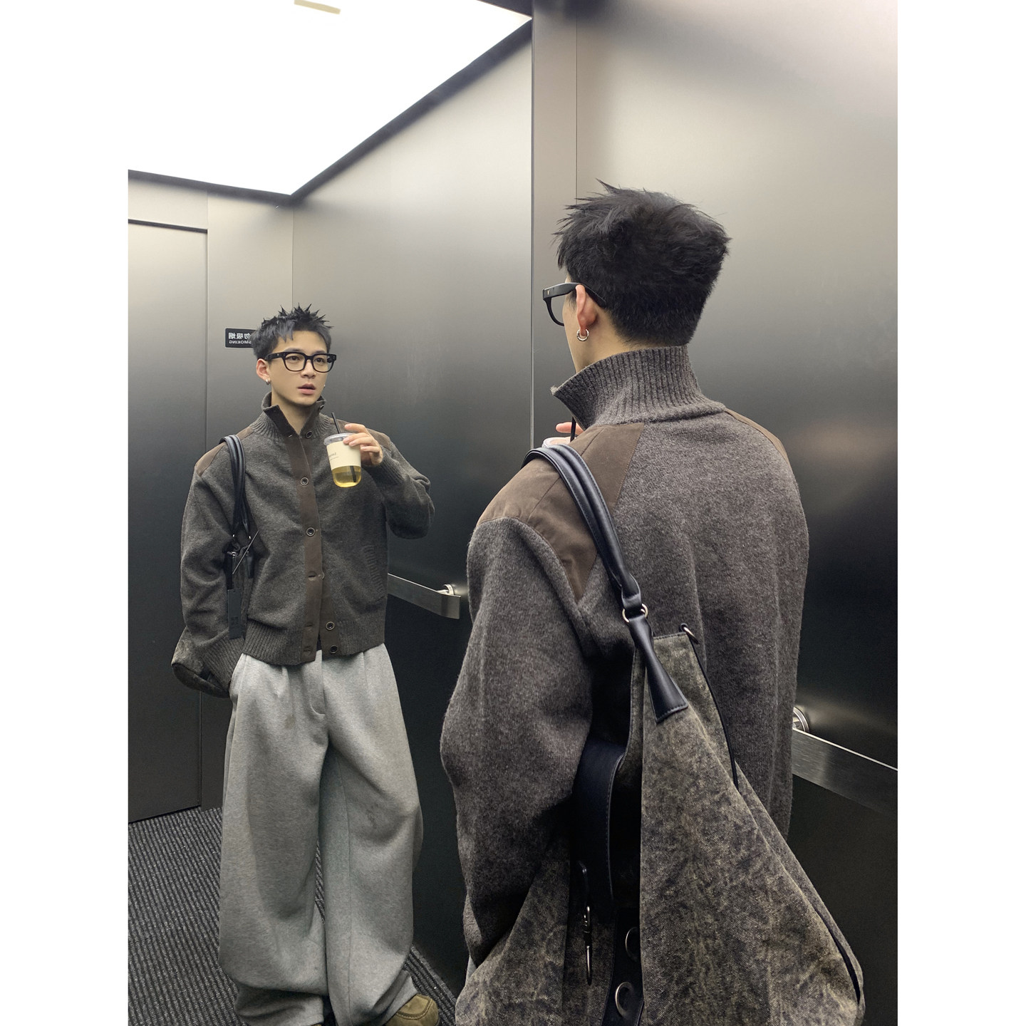 PLTH*美式复古麂皮拼接毛衣开衫男立领单排扣撞色宽松针织外套潮
