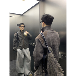 PLTH*美式复古麂皮拼接毛衣开衫男立领单排扣撞色宽松针织外套潮