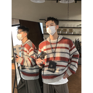 PLTH 上衣 秋冬慵懒风条纹撞色保暖圆领毛衣男宽松通勤百搭针织衫