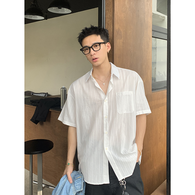 PLTH*夏威夷度假风韩系宽松碎花短袖衬衫男夏季薄款高级感衬衣潮