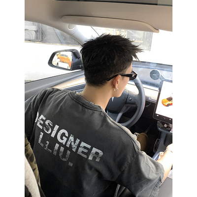 PLTH*美式高街原创做旧字母印花重磅短袖小领口宽松休闲透气T恤男