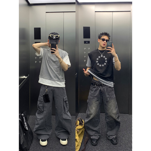 PLTH*美式复古假两件星星印花短袖T恤男夏季慵懒宽松条纹撞色上衣