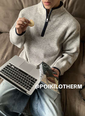 PLTH*美式简约半拉链拼接撞色毛衣男宽松休闲秋冬百搭针织衫上衣