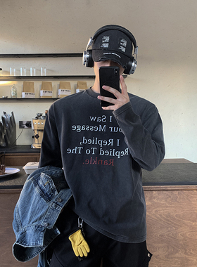 PLTH*美式复古基础纯棉字母印花圆领长袖T恤男宽松休闲百搭打底衫