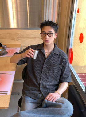 PLTH*美式复古坑条撞色短袖衬衫男夏季宽松休闲高级感翻领衬衣潮