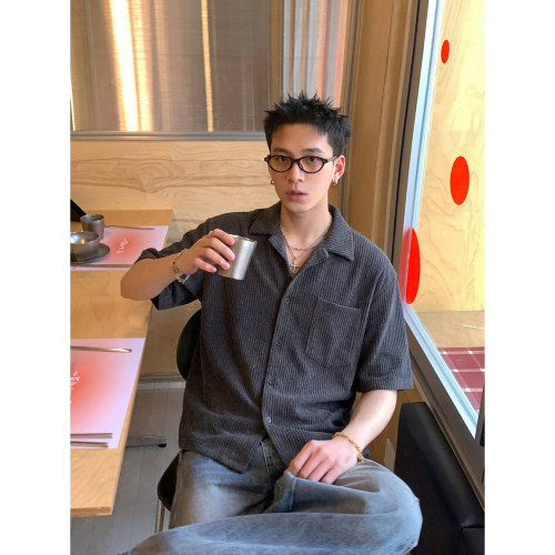 PLTH*美式复古坑条撞色短袖衬衫男夏季宽松休闲高级感翻领衬衣潮