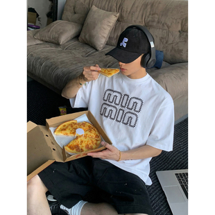 潮流短袖 复古360g重磅刺绣字母T恤男高克重宽松落肩夏季 美式 PLTH