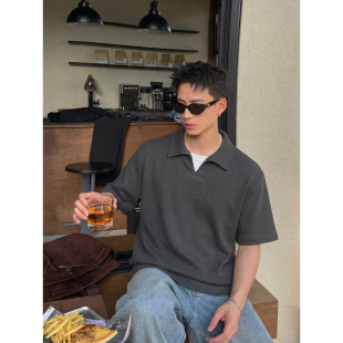 复古刺绣宽松短袖 PLTH 美式 男夏季 华夫格半开领重磅假两件Polo衫